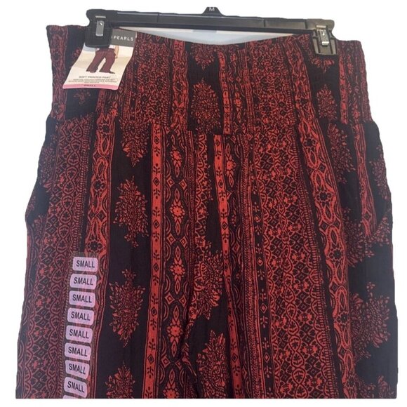 Peace & Pearls Red Black Patterned Wide Leg Soft Pants Elastic Waist-Sz S NEW - Picture 5 of 14